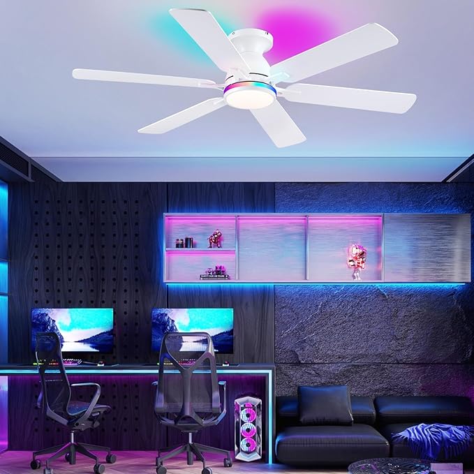Ceiling Fans with Lights- 52" RGB Low Profile Indoor Ceiling Fan with Light and Remote/APP Control, Flush Mount, 6 Blade, LED Dimmable DC Reversible Modern Ceiling Fan for Bedroom(White)