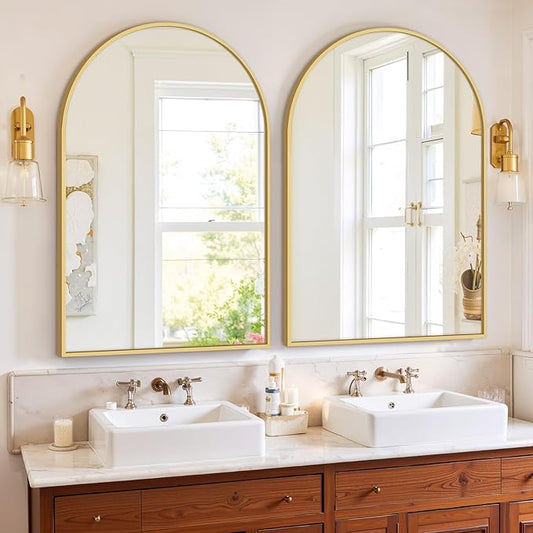 Sweetcrispy Arched Bathroom Mirror 36x25 Inch Gold Metal Framed Arch Vanity Mirror for Wall, Over Sink, Farmhouse, Restroom, Anti-Rust, Modern Decorative, Hanging or Leaning