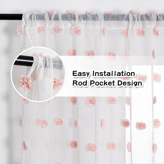 MYSKY HOME Pink Curtains 84 Inch Length for Bedroom Window Panels Pom Pom White Sheer Curtains 84 Inch Long for Living Room Nursery Girls Kids Room Rod Pocket Playroom Dining Room Set of 2 37 x 84 in