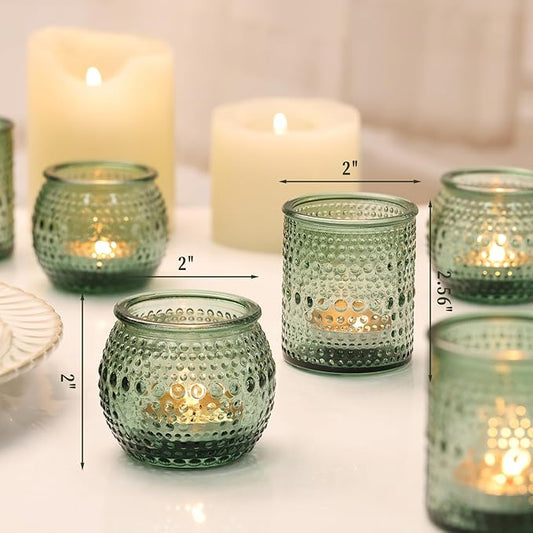 16 Pcs Assorted Green Votive Candle Holders- Glass Tealight Candle Holder for Wedding Table Decor, Green Candle Holders for Christmas, Vintage Party Table Decor