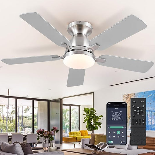 Ceiling Fans with Lights and Remote/APP Control,46" Flush Mount Ceiling Fan Dimmable DC Motor,Low Profile Ceiling Fan for Bedroom,Living Room,Brushed Nickel