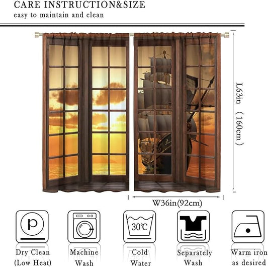 Retro Ship Curtains, Window View Sailing Boat Ship Schooner, Nautical Style Ocean Sunset Landscape Print Blackout Window Drapes for Boys Bedroom Living Room 72x63in