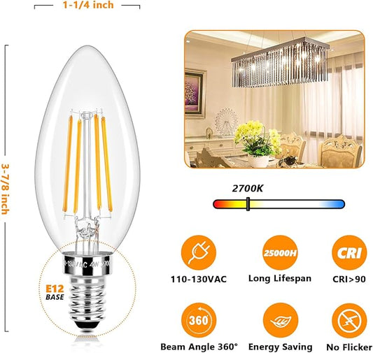 E12 LED Candelabra Bulbs 40 Watt Equivalent, 4W Vintage Candle Light Bulbs, 470Lm Warm White 2700K Edison Bulbs for Ceiling Fan, Filament Clear Glass Type B Lamp Bulbs for Chandelier (5 Packs)