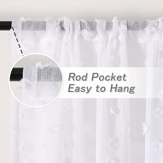 MYSKY HOME White Sheer Short Curtains with Pom Pom for Small Windows Bedroom Nursery Kids Girls Room Curtains Cafe Kitchen Light Filtering Boho Drapes, Rod Pocket,52 x 45 Inches, 2 Panels