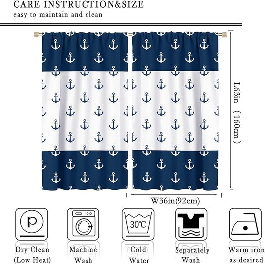 Anchor Pattern Curtains, Nautical Theme Navy Blue White Anchor Sea Life Adventure Print Blackout Window Treatments for Living Room Boys Men's Bedroom 72x63in
