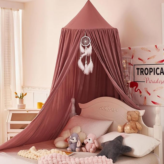 dix-rainbow Princess Decor Canopy for Kids Bed, Soft and Durable Bed Canopy for Girls Room Tent Canopy Dreamy Mosquito Net Bedding, Children Reading Nook Canopies Indoor(Red Bean)