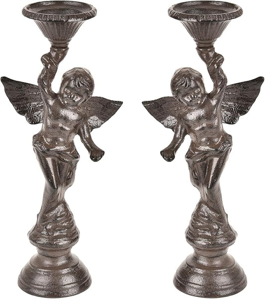 Sungmor Set of 2 Cast Iron Angel Candle Holders, 13.7" Tall Heavy-duty Solid Cherub Candlestick Holders, Vintage EU Style Statue Pillar Column Candle Stands for Wall Shelf Table Center Fireplace Decor