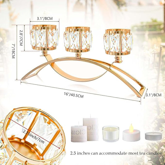 3 Arms Crystal Candle Holders, Arch Candlestick Table Candelabras Centerpieces for Wedding, Dinning Room, Cabinet Ornaments, Home Decoration, Gift (3-arm Arched, Gold)