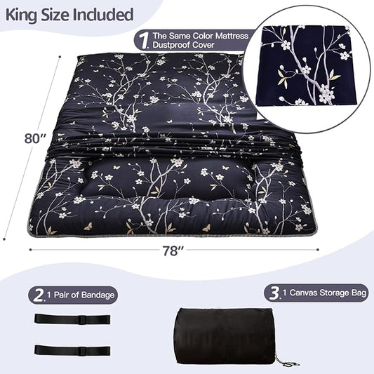 MAXYOYO Navy Floral Printed Japanese Floor Mattress Rustic Style Futon Mattress Foldable Bed Roll Up Camping Mattress Floor Lounger Bed Couches and Sofas Mattress Topper King Size