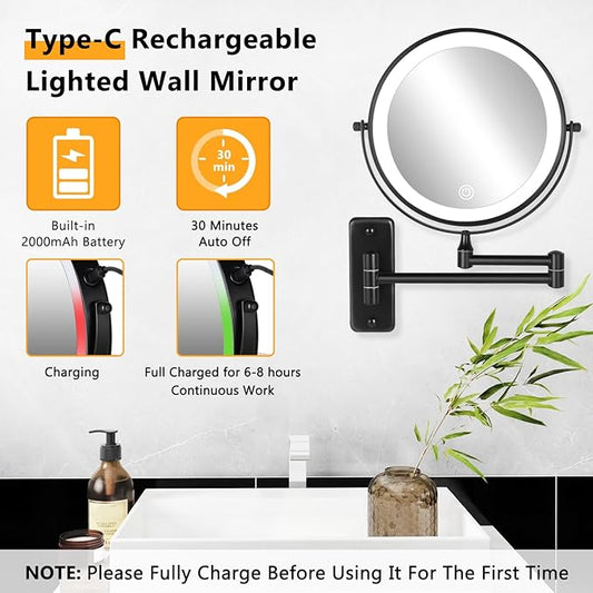 DECLUTTR Rechargeable Wall Mounted Lighted Makeup Mirror, 8 inch 10X Magnifying Mirror with 3 Color Lights, Dimmable Touch Screen Makeup Mirror with Lights for Bathroom, Black