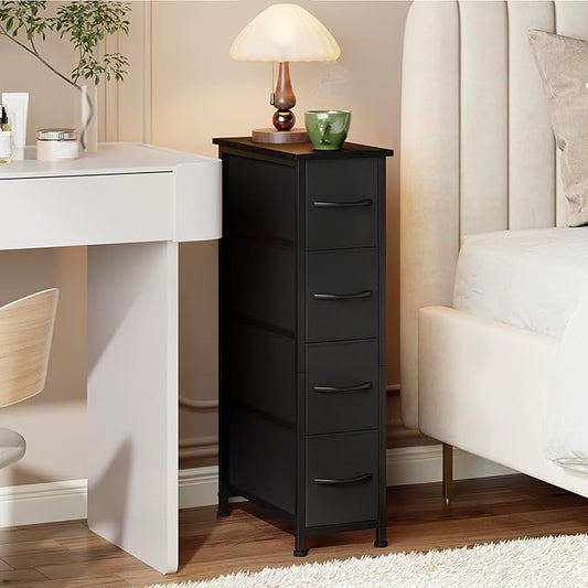 Somdot Narrow Dresser with 4 Drawers, Slim Storage Organizer Chest of Drawers with Removable Fabric Drawers for Small Spaces Bathroom Closet Bedroom Laundry, Black