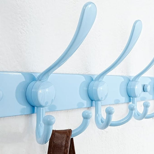 Dseap Coat Rack Wall Mount - 38” Long 10-Tri-Hooks Heavy Duty Coat Hanger Rail Wall Hooks for Hanging Coats Hats Clothing Clothes Purse Mudroom Entryway, Blue, Pack of 2