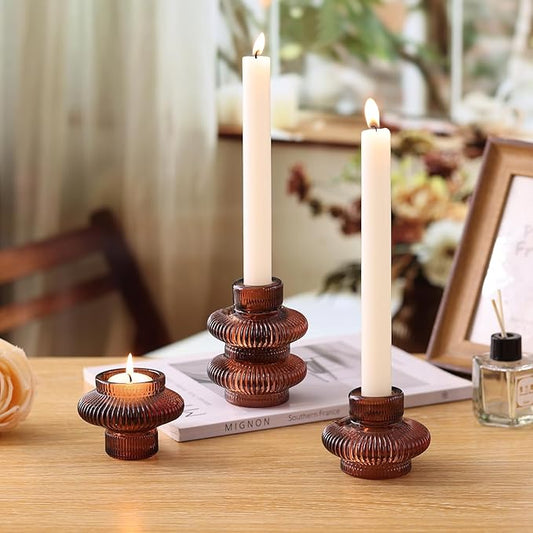Brown Candlestick Holders Set of 10, Taper Candle Holders for Fall Wedding Table Centerpiece, Ribbed Glass Votive Candle Holders for Dinner Party Halloween Thanksgiving Decor