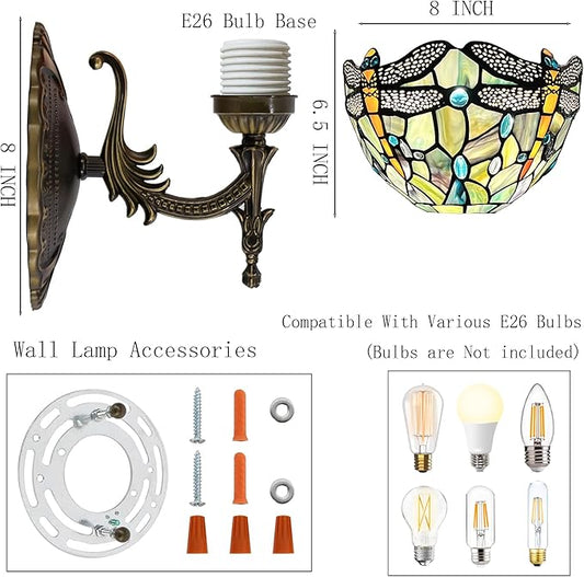 Tiffany Sconce Lamp Stained Glass Wall Lamp,8X10.5X11 Inch Plug in Wall Bedside Light for Hallway Bedroom (Brown Dragonfly)
