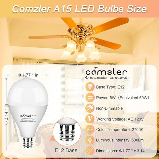 comzler Ceiling Fan Light Bulbs E12 Small Base, A15 LED Bulb 2700K Soft Warm White Candelabra LED Bulb 6W (60watt Equivalent), Chandelier Light Bulbs CRI85+ 600 Lumens No-Dimmable Pack of 8