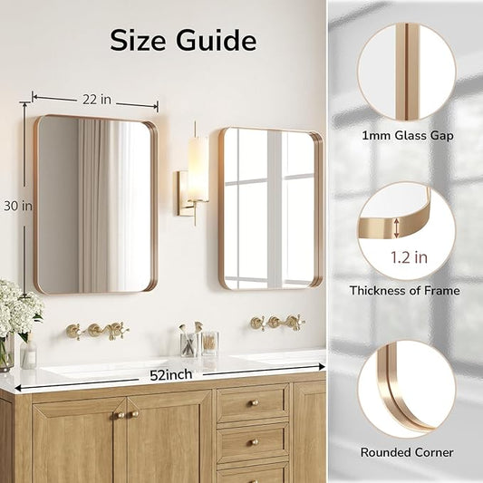 USHOWER Gold Bathroom Mirrors 22"x30" 2 Pack, Brushed Gold Rounded Rectangle Mirrors for Over Sink, Aluminum Frame, Anti-Rust, Tempered Glass, Horizontal or Vertical Mounted