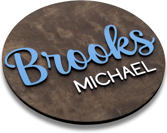 Custom Round Nusery Name Sign, Personalized 3D Baby Name Announcement Sign, Personalized Wooden Wall Plaque, 3D Wall Art for Children & Kids Rooms, Family Name Signs, 30 Colors (Design 2)