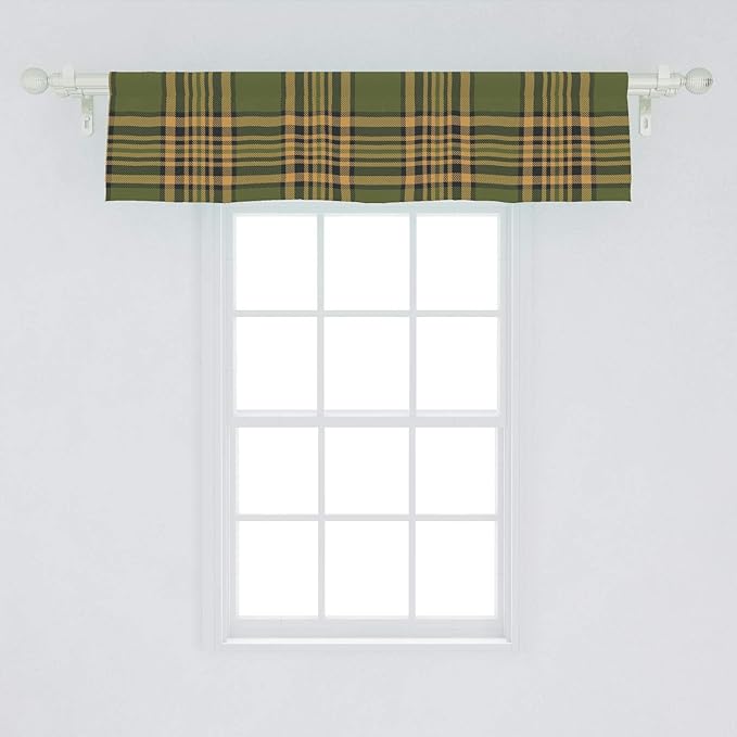 Lunarable Plaid Window Valance, Tartan Pattern in Autumn Tones Old Fashioned Design Country Illustration, Curtain Valance for Kitchen Bedroom Decor with Rod Pocket, 54" X 12", Olive Green