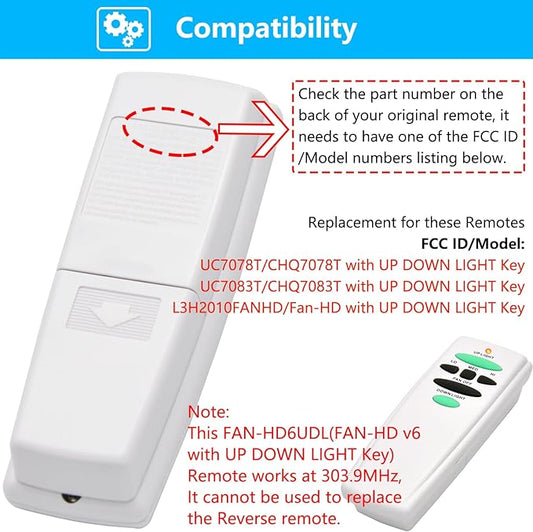 Replacement Remote for Hampton Bay Ceiling Fan Remote Control,with Up Down Light Control Dimmer 3-Speed, for UC7078T CHQ7078T UC7083T CHQ7083T L3H2010FANHD Fan-HD6UDL(Remote Only)