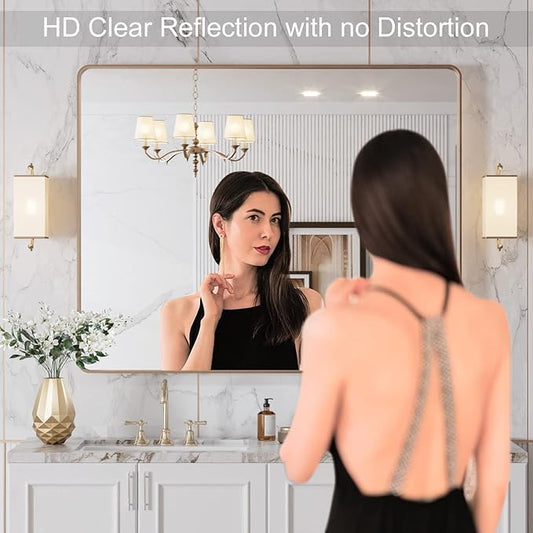LOAAO 40”X36” Gold Bathroom Mirror, Rounded Rectangle Gold Frame Mirror, Brushed Gold Bathroom Vanity Mirror Wall-Mounted, Anti-Rust, Tempered Glass, Hangs Horizontally or Vertically