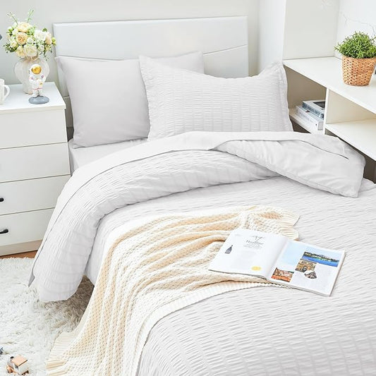 HYMOKEGE White Twin XL Comforter Set Seersucker 5 Pieces, All Season Luxury Bed in a Bag for Bedroom, Bedding Set with Comforter, Sheets, Pillowcase & Sham