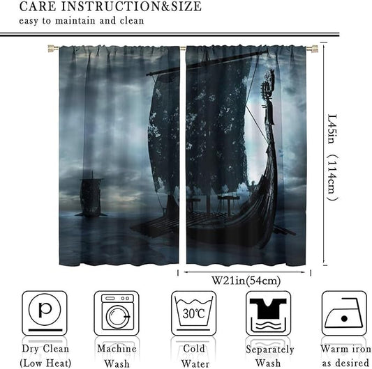 Viking Ship Curtains, Night Scene with Black Vikings Dragon Ship Sailing, Vintage Ancient Scandinavian Nautical Print Blackout Window Drapes for Boys Bedroom Living Room 42x45 Inch
