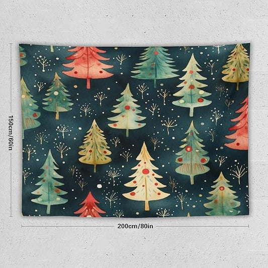 MaSiledy Vintage Christmas Tree Watercolor Tapestry As Wall Art Xmas Rustic Winter Holiday Vintage Aesthetic Tapestry Wall Hanging Landscape Tapestry Home Decoration for Living Room Bedroom 60"x80"