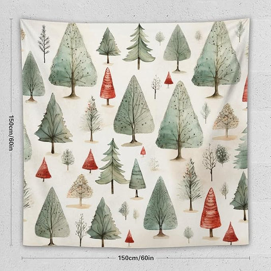 Wall Tapestries Vintage Christmas Tree Watercolor Tapestry Happy New Year Bedroom Tapestries Wall Hanging Decor Tapestry for Bedroom Aesthetic Alt Room 60"x60" Tapestries Winter Snowflake Decorative