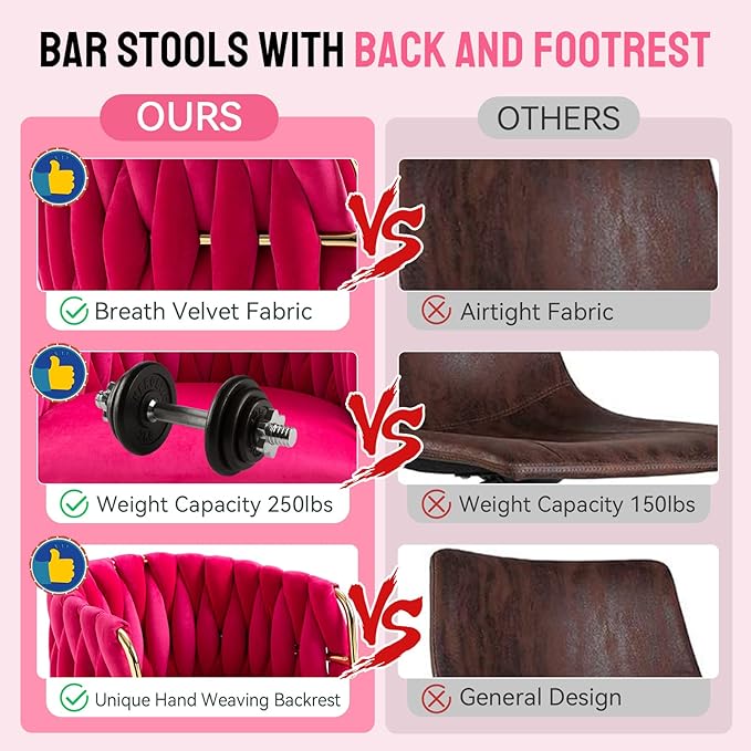 NIOIIKIT Bar Stool Set of 2, Velvet Upholstered Swivel Barstool, Counter Height Chair with Hand Woven Backrest, Dining Barstool with Footrest, Bar Chair for Kitchen Island, Pub (Rose Red)