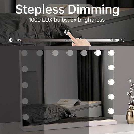 Hollywood Vanity Mirror with Lights, 23"x18" Lighted Makeup Mirror for Desk/Wall Mount with 15 Led Bulbs, 3 Lighting Modes for College Dorm, Bedroom & Dressing Room (White)