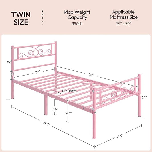 Yaheetech Twin Bed Frames Metal Platform Bed with Headboard and Footboard No Box Spring Needed Easy Assembly,Under-Bed Space: 12.6''/Pink/Twin Bed