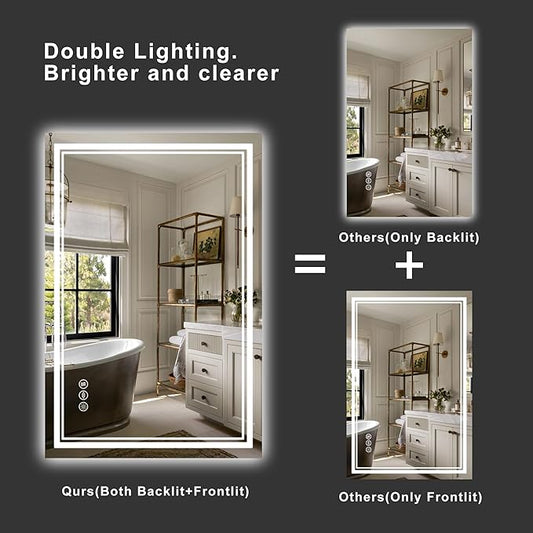 40‘’x30'' Lighted Mirrors for Bathroom Wall Backlit + Front Lit, Rectangular LED Bathroom Mirror Frameless with Lights Anti Fog, Dimmable, 3 Colors,Tempered Glass, Shatter-Proof