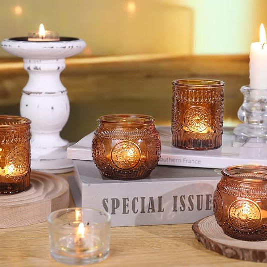 DARJEN 12Pcs Amber Votive Candle Holders - Vintage Glass Candle Holders for Flameless LED Tea Waxes, Tealight Candle Holder for Wedding & Home Table Decor, Vintage Parties