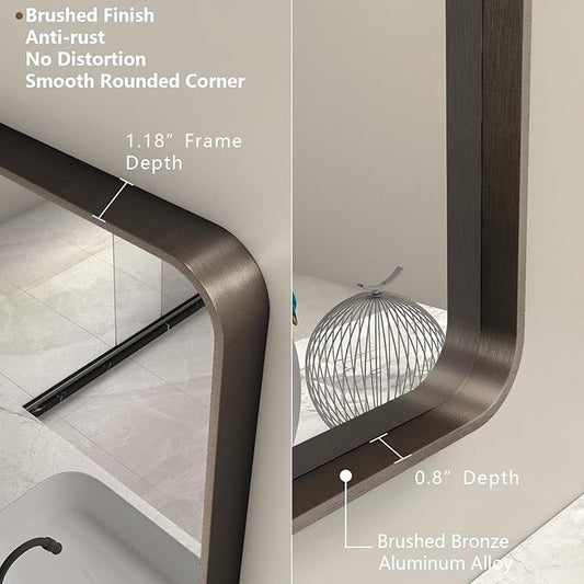 40x30 Bronze Brushed Bathroom Mirror for Wall, Brushed Metal Framed Bathroom Vanity Mirror, Modern Rectangle Mirror, Rounded Corner, Shatterproof, Anti-Rust (Horizontal/Vertical)