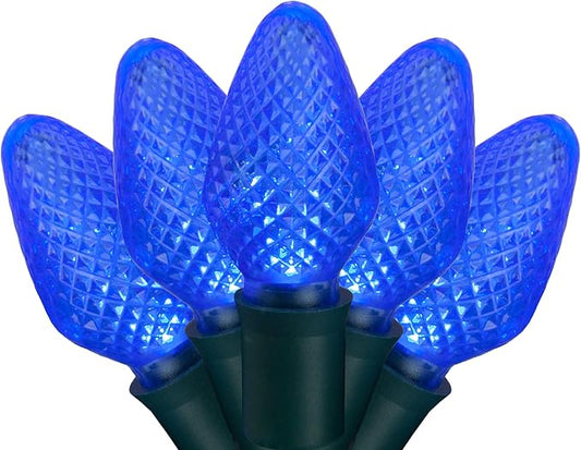 C7 LED Faceted Blue Prelamped Light Set, Green Wire - 25 C7 Blue LED Christmas Lights, 8" Spacing