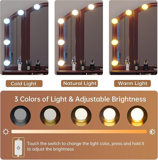 Tiptiper Vanity Desk, Makeup Vanity with Lighted Tri-Folding Mirror & Stool, Vanity Table Set with 10 LED Light Bulbs & 3 Color Lighting Modes, Makeup Table with 5 Storage Drawers, Brown