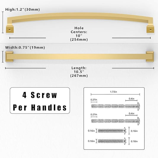 10 Pack Brushed Gold Cabinet Pulls 10 Inch(254mm) Kitchen Cabinet Handles Solid Zinc Alloy Cabinet Hardware Drawer Pulls