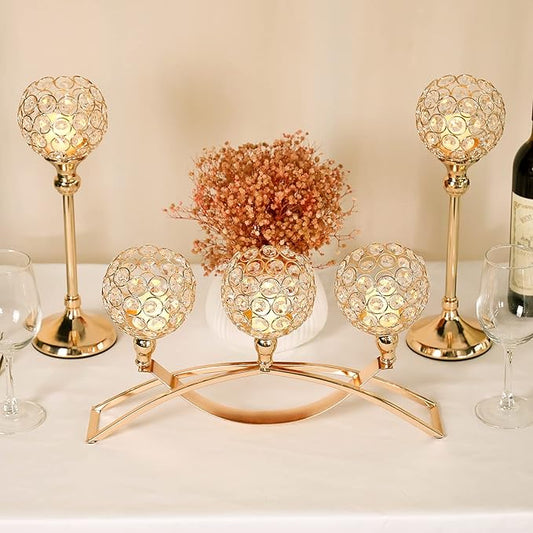 Gold Crystal Candle Holders Decorative Candelabra 3 Arms Candlesticks Holder Table Centerpiece Center Pieces Decoration for Dining Table Home Decor, Wedding, Party, Anniversary