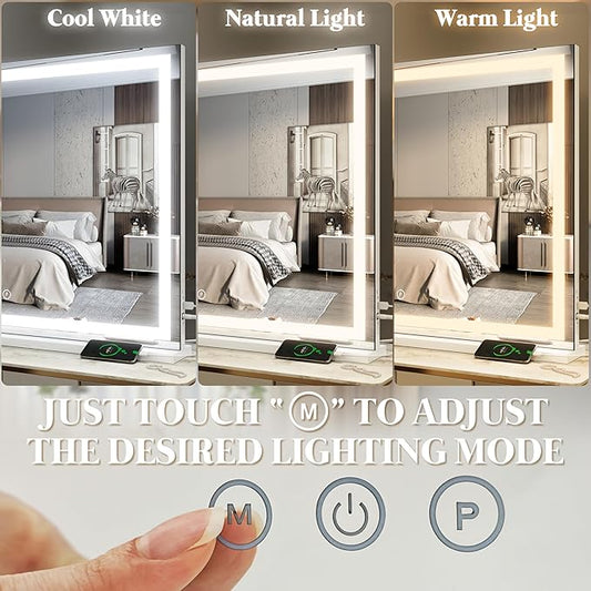 FENNIO Large Vanity Mirror with Lights,40" x 28"Makeup Mirror with Lights,Hollywood Mirror with 3 Color Modes & Adjustable Brightness,Vanity Mirror Square White