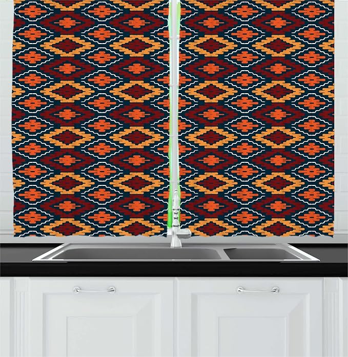 Lunarable Ethnic Long Kitchen Curtains, Tribal Motif Effect Mexican Folkloric Colorful Geometric Shapes, 2 Panel Set Drapes with Rod Pocket Room Decor, 55" x 45", Dark Teal Marigold and Ruby