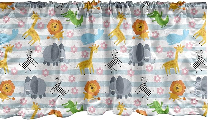 Ambesonne Savannah Window Valance, Friendly Zoo Animals with Happy Faces Cartoon Characters on Stripes Print, Curtain Valance for Kitchen Bedroom Decor with Rod Pocket, 54" X 18", Pale Azure Blue