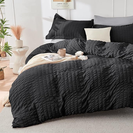 HYMOKEGE Black/Light Grey Full Size Comforter Sets Seersucker 7 Pieces, All Season Luxury Bed in a Bag for Bedroom, Bedding Set with Comforter, Sheets, Pillowcases & Shams