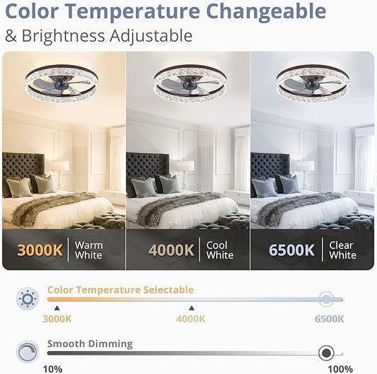 LEDIARY 20" Modern Ceiling Fans with Lights and Remote, Dimmable Low Profile Ceiling Fan, Flush Mount Ceiling Fan, Stepless Color Temperature Change and 6 Speeds - Brown