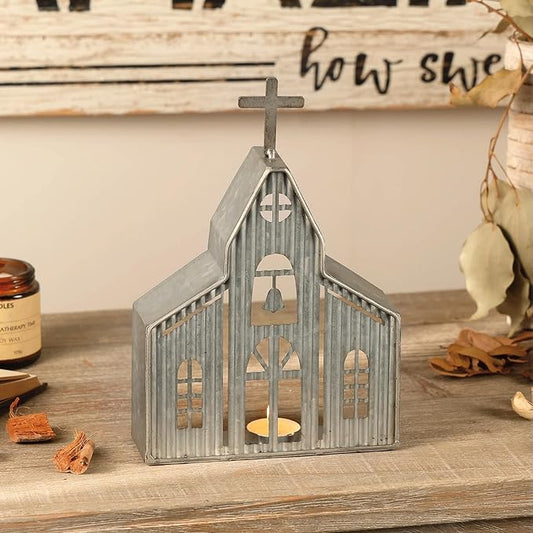 Church Shaped Tea Light Candle Holder Farmhouse Galvanized Metal Candle Holder Vintage Decorative Tealight Holder for Table Centerpiece Decoration - 6.22" x 1.97" x 9.25"