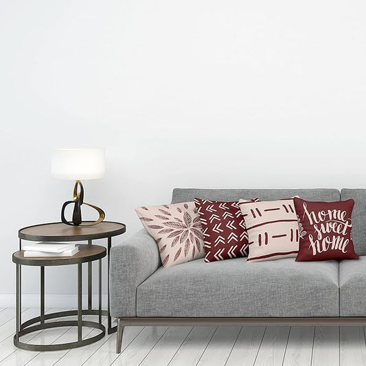 Ambesonne Modern Throw Pillow Cushion Case Pack of 4, Scandinavian Minimal Ornaments Boho Feather Leaves and Home Phrase Print, Modern Accent Double-Sided Digital Printing, 16", Pale Tan and Burgundy