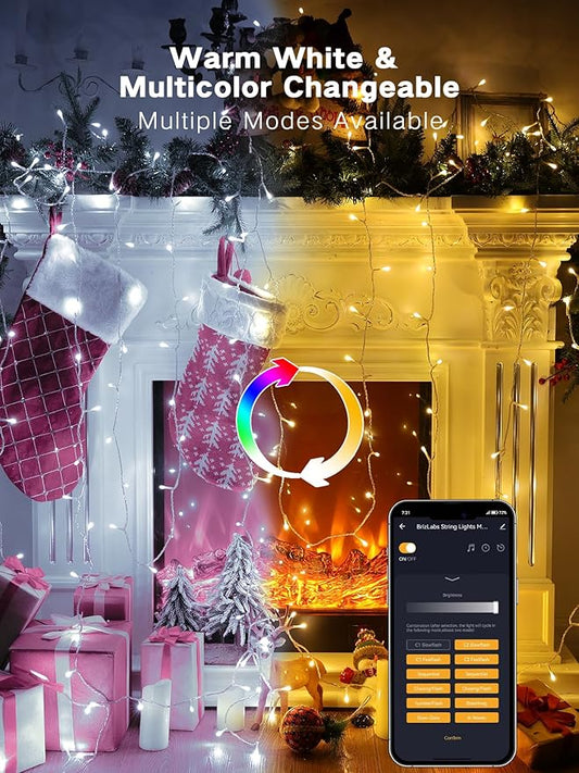Brizled Smart Christmas Lights, 66FT 200 LED Warm White & Cool White Color Changing String Lights APP Control Fairy Light, Dimmable Music Sync Tree Light Clear Wire for Indoor Xmas Wedding Party Decor