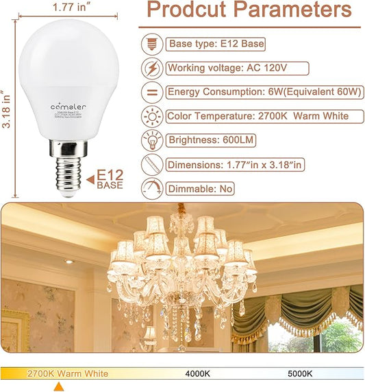 comzler A15 LED Bulbs 60W Equivalent, Warm White 2700K,E12 Small Base LED Round Light Bulb for Ceiling Fan, No Dimmable,Pack of 6