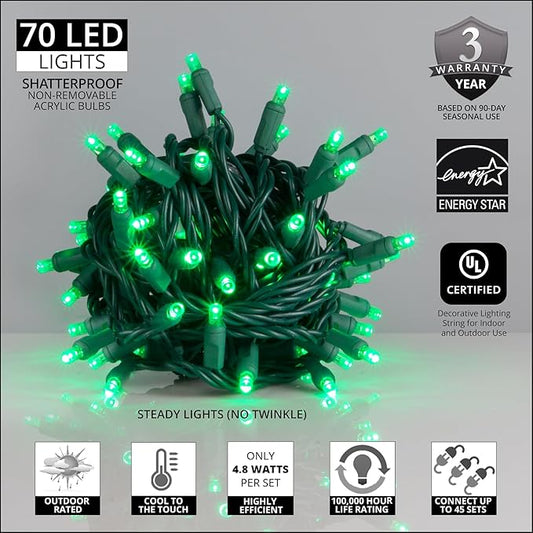 70 Green LED Christmas Lights, 24 ft Green Wire Indoor/Outdoor Mini String, Commercial Grade Tree & Holiday Lighting, 5mm — Halloween & St. Patrick’s Day