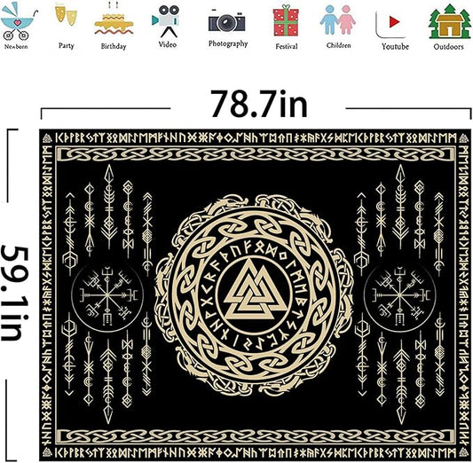 OSUNBD Viking Tapestry Meditation Runes Ancient Art Norse Mythology Flannel Tapestry Vegvisir Symbol Amulet Wall Hanging Art Hanging Decor Large Size 78.7”x59.1” for Bedroom Living Room Dorm