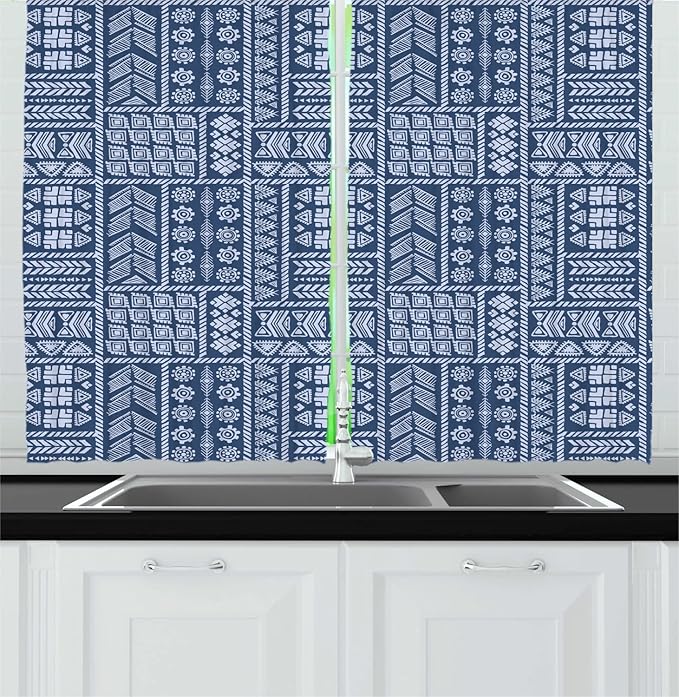 Lunarable Ethnic Long Kitchen Curtains, Repeated Geometric Tribal Aztec Native Angular Curved Motifs Pattern, 2 Panel Set Drapes with Rod Pocket Room Decor, 55" x 45", Dark Sky Blue Pale Mauve